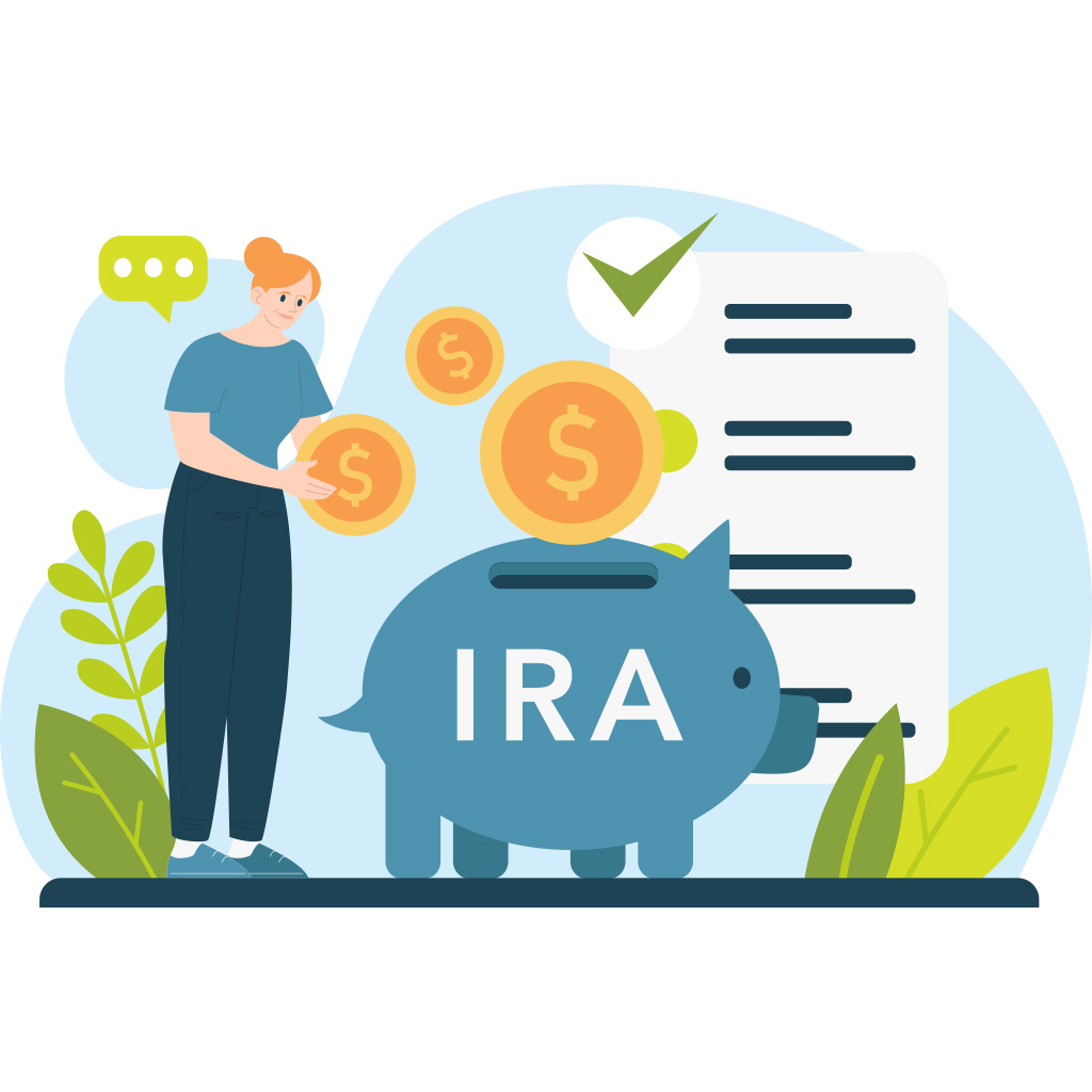 MyFuture IRA graphic illustration of woman placing coins into an IRA piggy bank